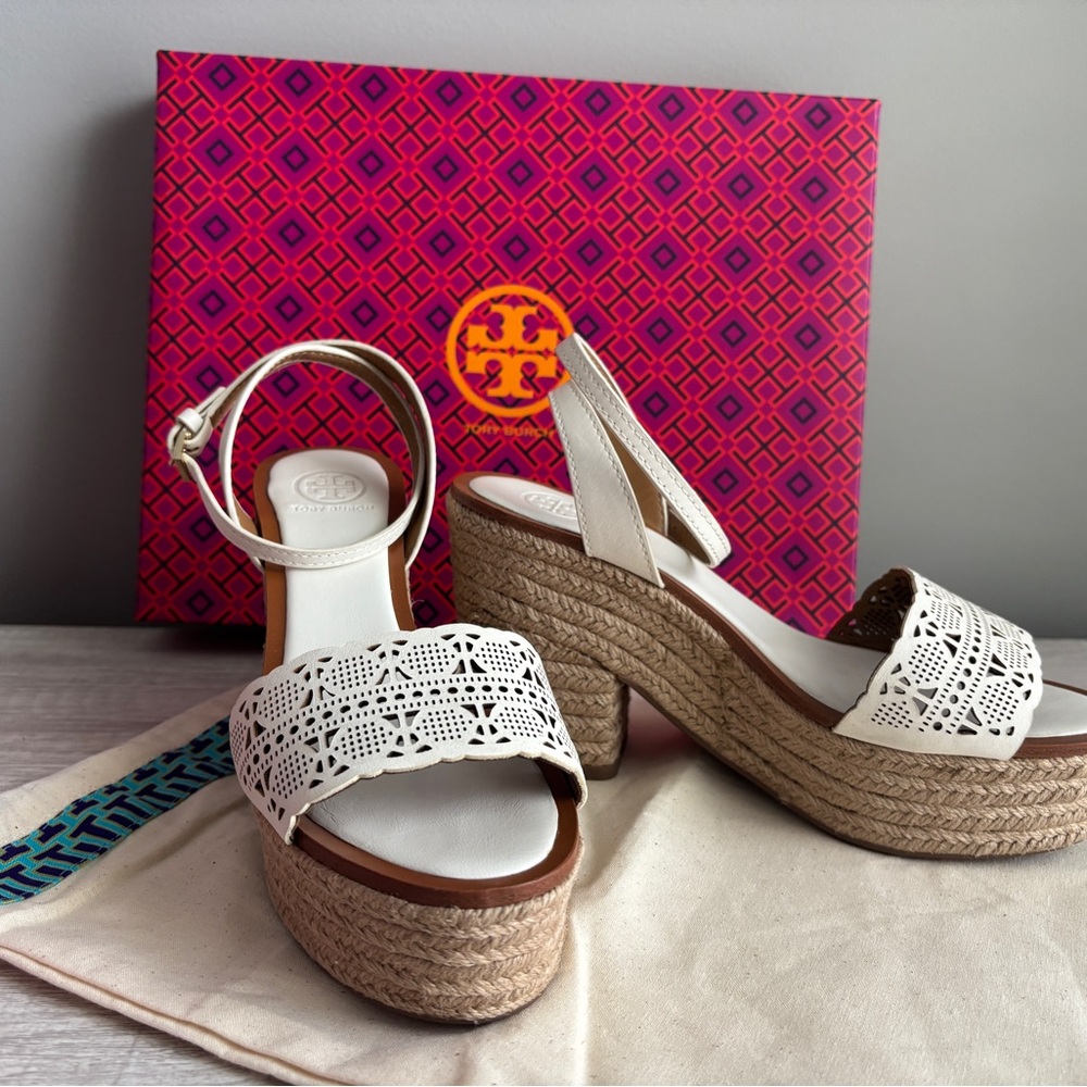 Tory Burch White and Tan Espadrille Sandals with Perforated Design